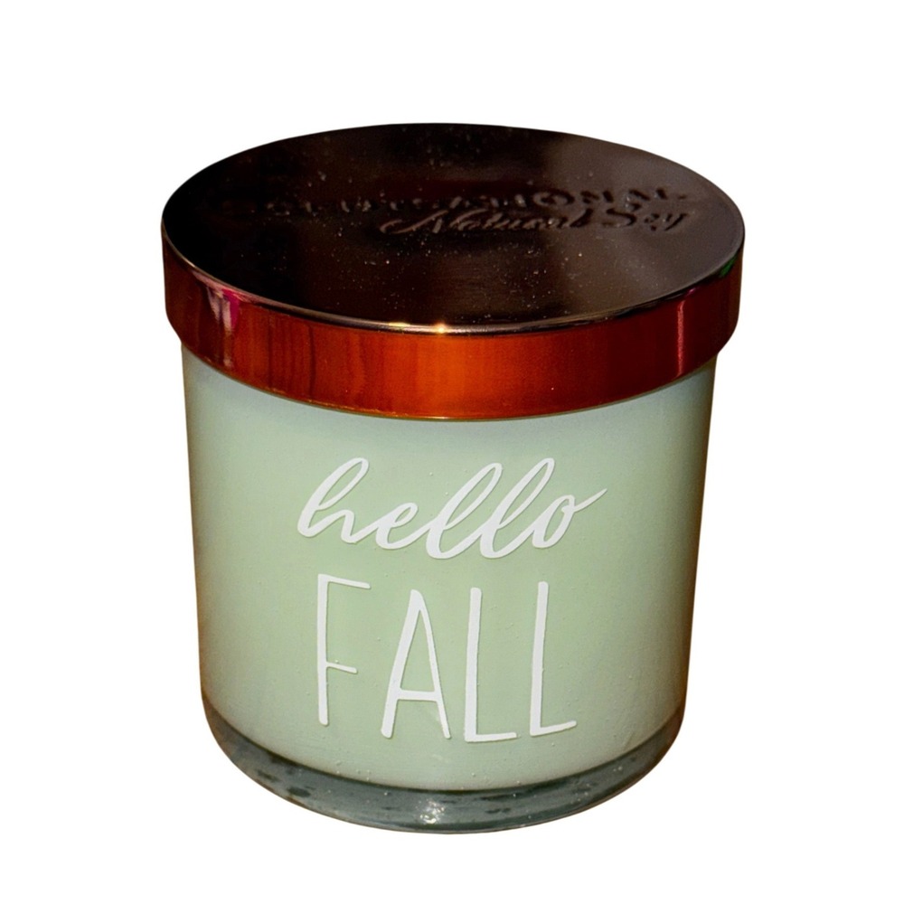Scentsational‎ Natural Soy Apple Cider Candle 5oz Hello Fall Green Glass Jar Lid